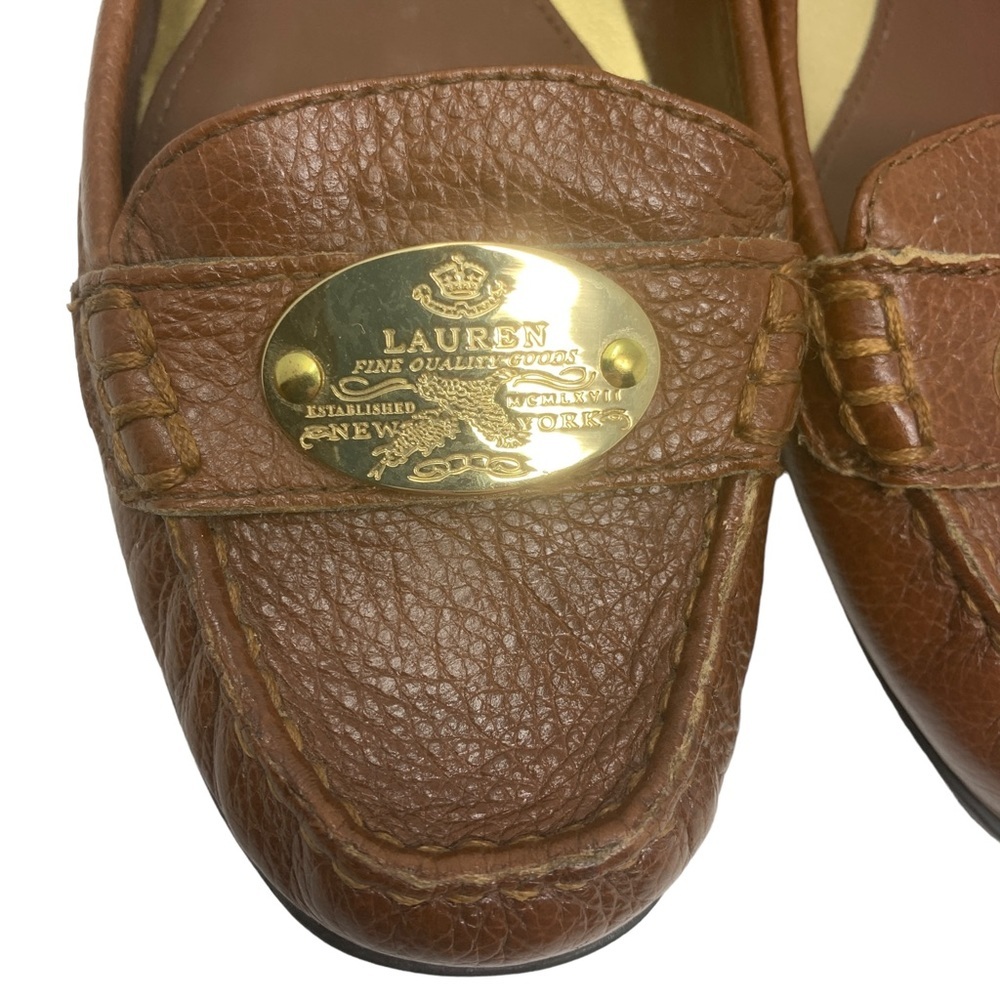 Lauren Ralph Lauren Brown Leather Loafer Flats Gold Logo Classic Academia Preppy - Picture 3 of 8